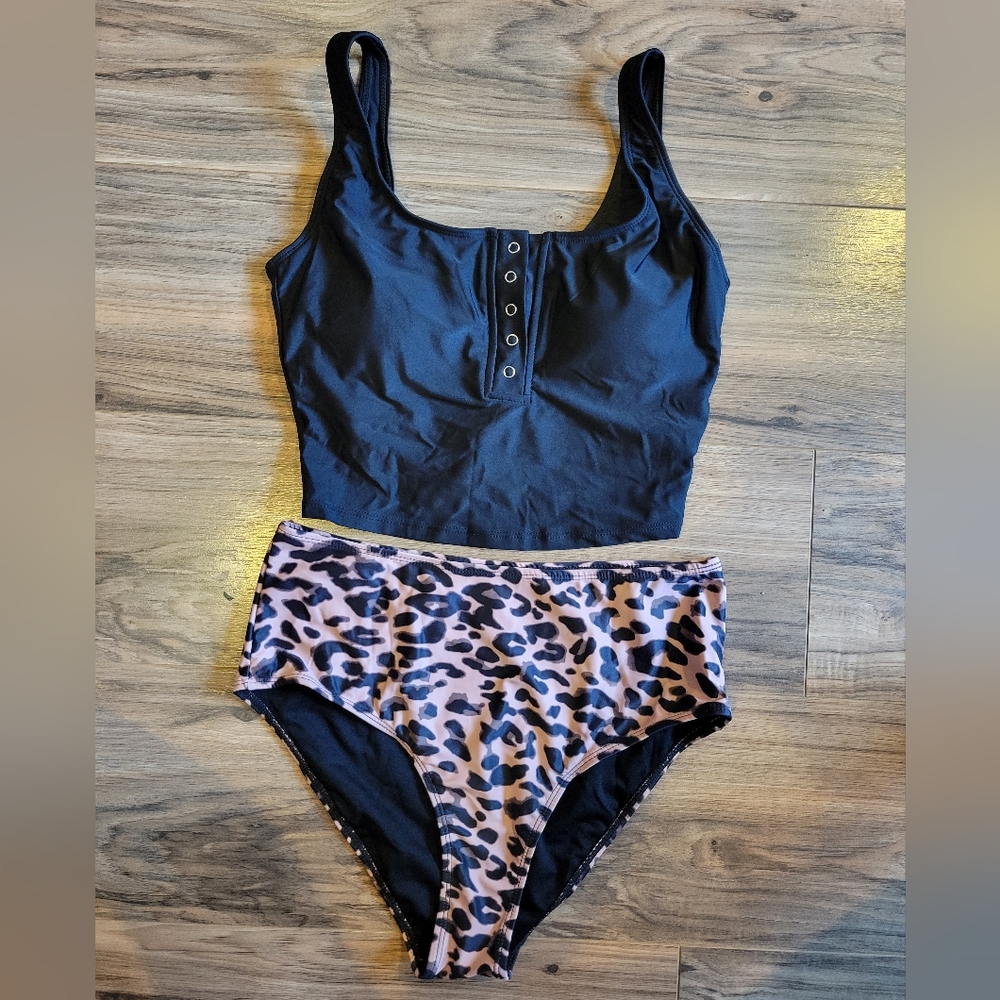 Black Tankini Leopard Two-Piece Swimsuit